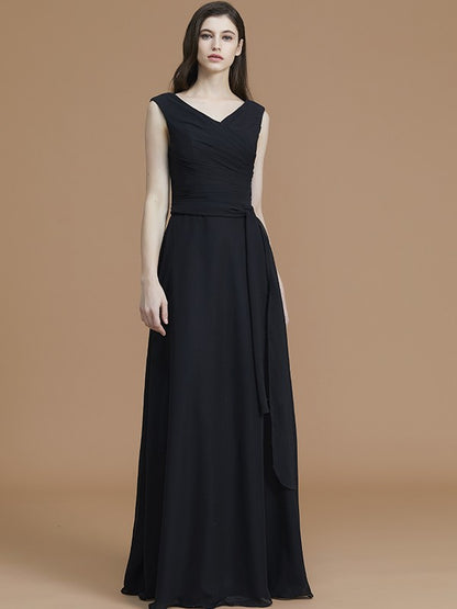 A-Line/Princess V-neck Sleeveless Floor-Length Sash/Ribbon/Belt Chiffon Bridesmaid Dresses