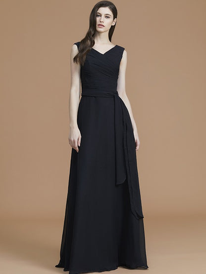 A-Line/Princess V-neck Sleeveless Floor-Length Sash/Ribbon/Belt Chiffon Bridesmaid Dresses