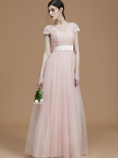 A-Line/Princess Bateau Short Sleeves Floor-Length Sash/Ribbon/Belt Tulle Bridesmaid Dresses