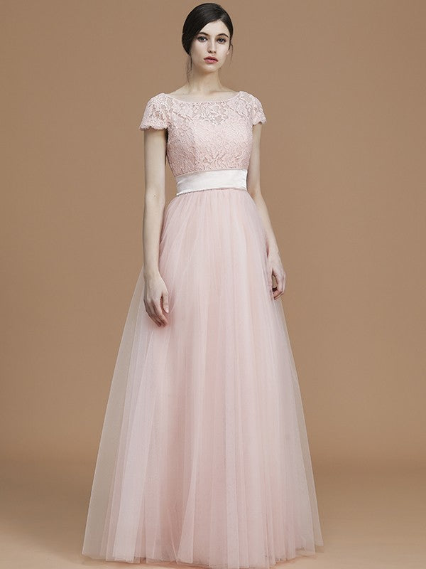 A-Line/Princess Bateau Short Sleeves Floor-Length Sash/Ribbon/Belt Tulle Bridesmaid Dresses