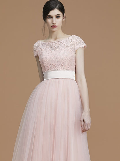 A-Line/Princess Bateau Short Sleeves Floor-Length Sash/Ribbon/Belt Tulle Bridesmaid Dresses