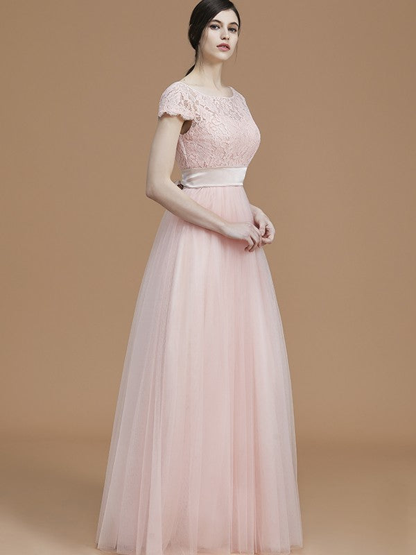 A-Line/Princess Bateau Short Sleeves Floor-Length Sash/Ribbon/Belt Tulle Bridesmaid Dresses