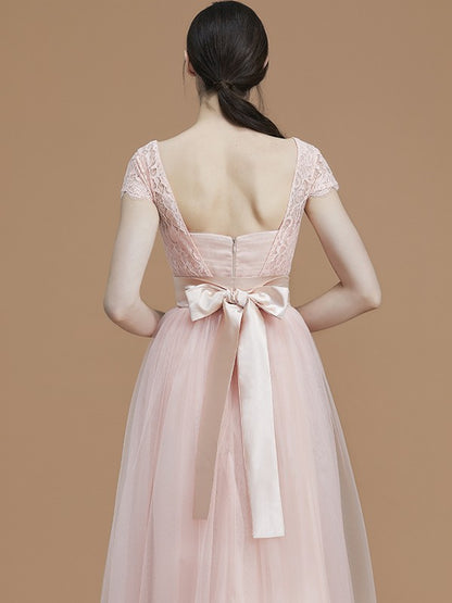 A-Line/Princess Bateau Short Sleeves Floor-Length Sash/Ribbon/Belt Tulle Bridesmaid Dresses