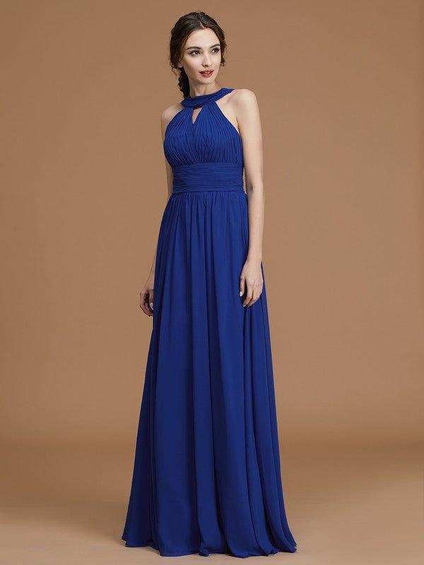 A-Line/Princess Halter Sleeveless Floor-Length Ruched Chiffon Bridesmaid Dresses