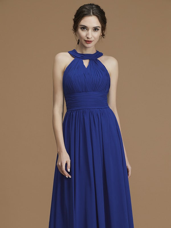 A-Line/Princess Halter Sleeveless Floor-Length Ruched Chiffon Bridesmaid Dresses