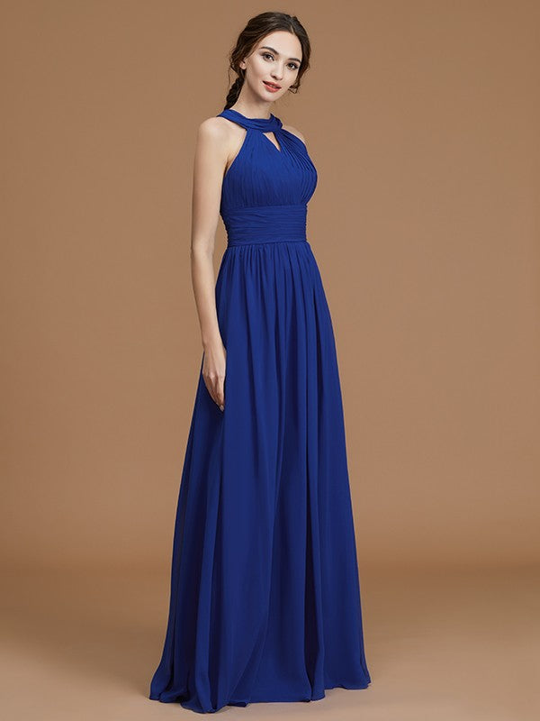 A-Line/Princess Halter Sleeveless Floor-Length Ruched Chiffon Bridesmaid Dresses