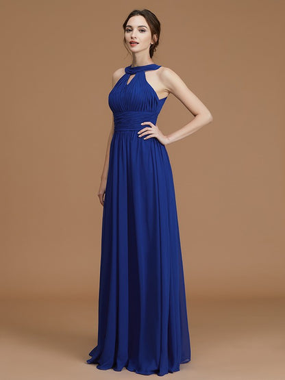 A-Line/Princess Halter Sleeveless Floor-Length Ruched Chiffon Bridesmaid Dresses