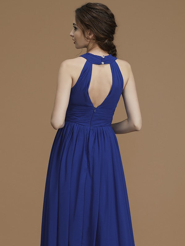 A-Line/Princess Halter Sleeveless Floor-Length Ruched Chiffon Bridesmaid Dresses