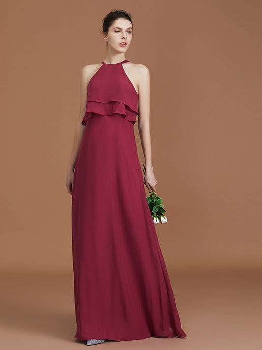 A-Line/Princess Scoop Sleeveless Floor-Length Ruffles Chiffon Bridesmaid Dress Ruffles