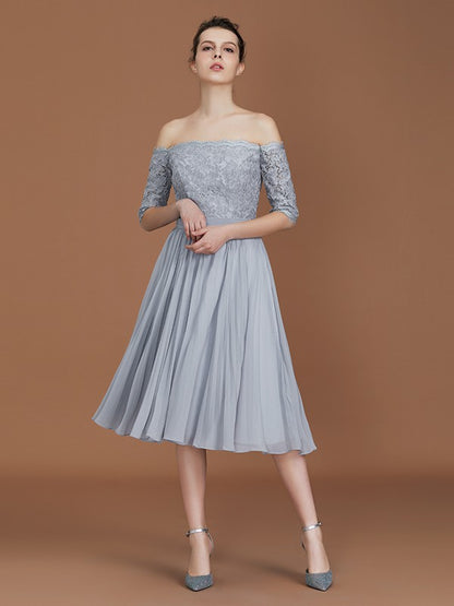 A-Line/Princess Off-the-Shoulder Short Sleeves Lace Tea-Length Chiffon Bridesmaid Dress