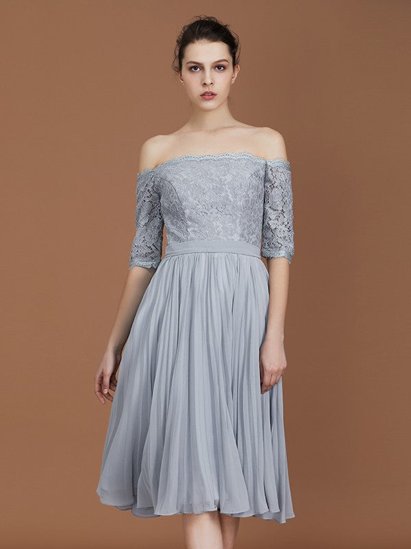 A-Line/Princess Off-the-Shoulder Short Sleeves Lace Tea-Length Chiffon Bridesmaid Dress