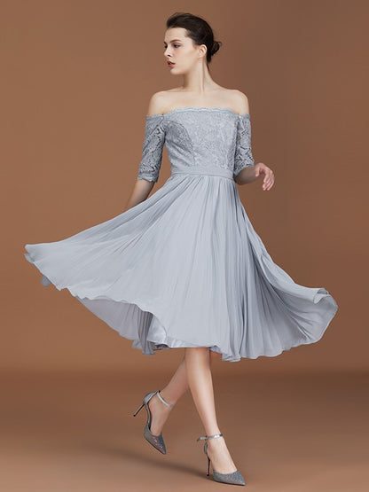 A-Line/Princess Off-the-Shoulder Short Sleeves Lace Tea-Length Chiffon Bridesmaid Dress