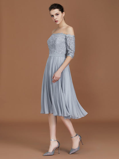 A-Line/Princess Off-the-Shoulder Short Sleeves Lace Tea-Length Chiffon Bridesmaid Dress