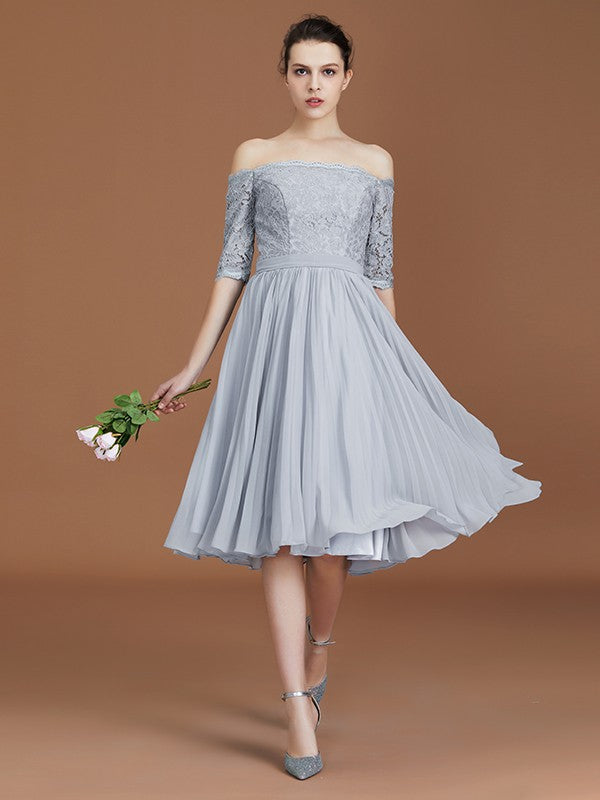 A-Line/Princess Off-the-Shoulder Short Sleeves Lace Tea-Length Chiffon Bridesmaid Dress