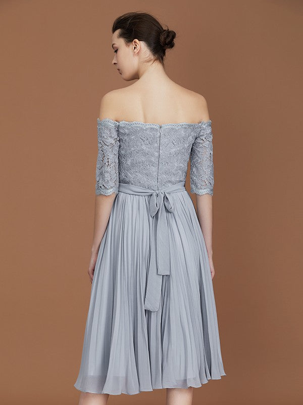 A-Line/Princess Off-the-Shoulder Short Sleeves Lace Tea-Length Chiffon Bridesmaid Dress