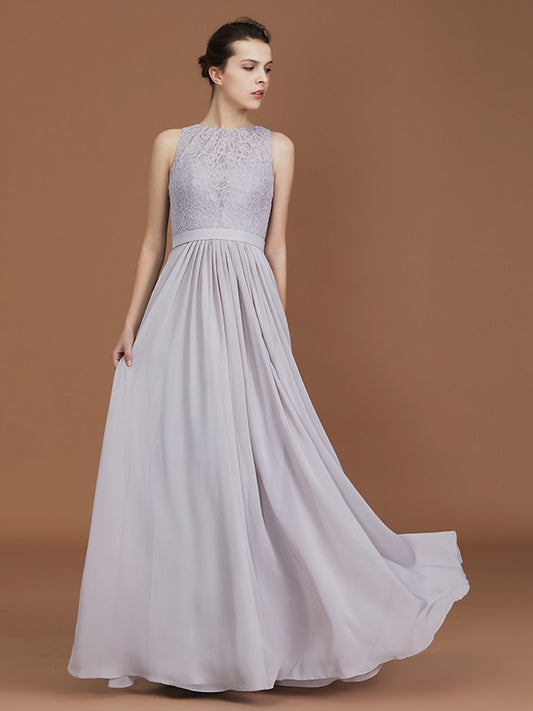 A-Line/Princess Scoop Lace Floor-Length Ruched Chiffon Bridesmaid Dress