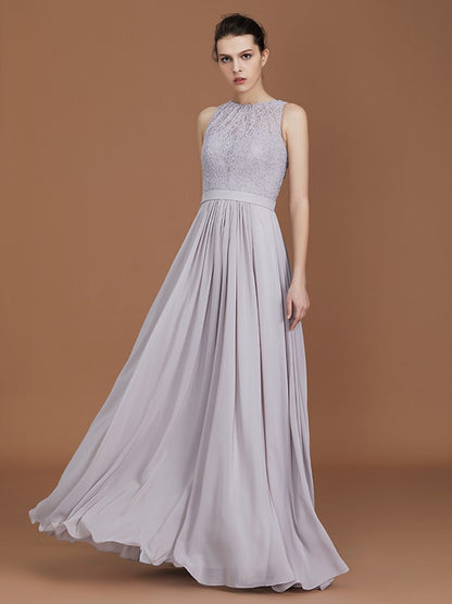 A-Line/Princess Scoop Lace Floor-Length Ruched Chiffon Bridesmaid Dress