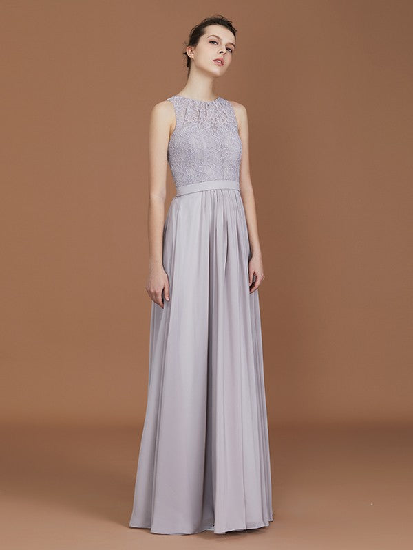 A-Line/Princess Scoop Lace Floor-Length Ruched Chiffon Bridesmaid Dress