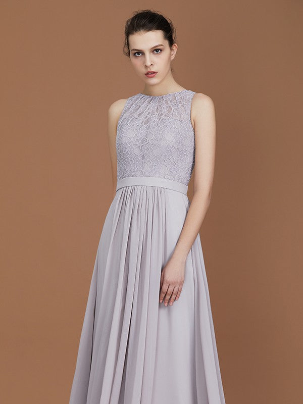 A-Line/Princess Scoop Lace Floor-Length Ruched Chiffon Bridesmaid Dress