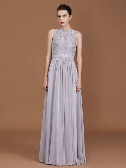 A-Line/Princess Scoop Lace Floor-Length Ruched Chiffon Bridesmaid Dress