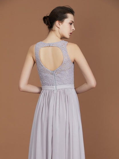 A-Line/Princess Scoop Lace Floor-Length Ruched Chiffon Bridesmaid Dress