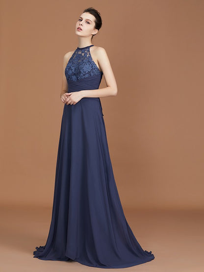 A-Line/Princess Scoop Sleeveless Sweep Train Chiffon Lace Bridesmaid Dress