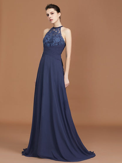 A-Line/Princess Scoop Sleeveless Sweep Train Chiffon Lace Bridesmaid Dress