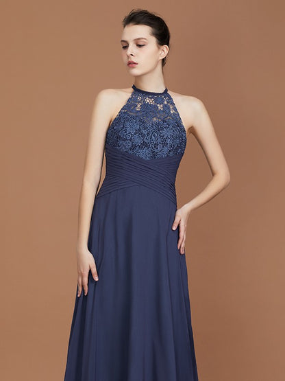 A-Line/Princess Scoop Sleeveless Sweep Train Chiffon Lace Bridesmaid Dress