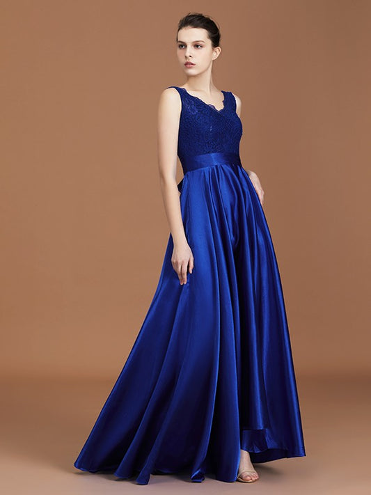 A-Line/Princess V-neck Sleeveless Satin Asymmetrical Lace Bridesmaid Dress