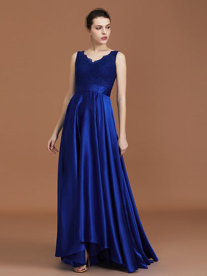 A-Line/Princess V-neck Sleeveless Satin Asymmetrical Lace Bridesmaid Dress