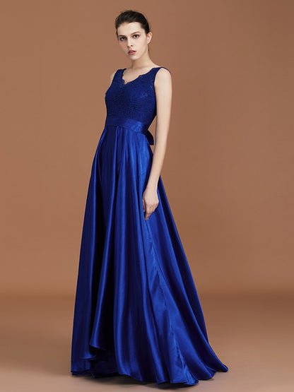 A-Line/Princess V-neck Sleeveless Satin Asymmetrical Lace Bridesmaid Dress