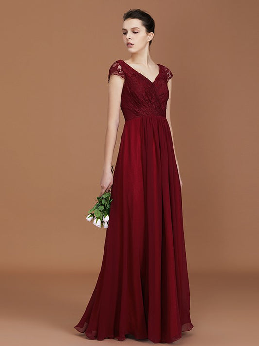 A-Line/Princess Lace Short Sleeves Chiffon Ruched V-neck Floor-Length Bridesmaid Dresses