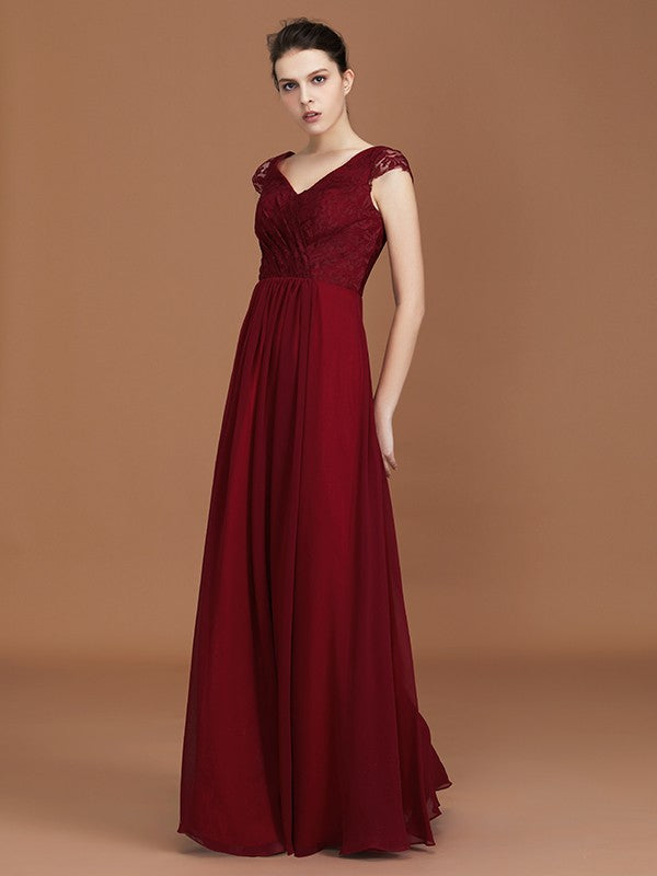 A-Line/Princess Lace Short Sleeves Chiffon Ruched V-neck Floor-Length Bridesmaid Dresses