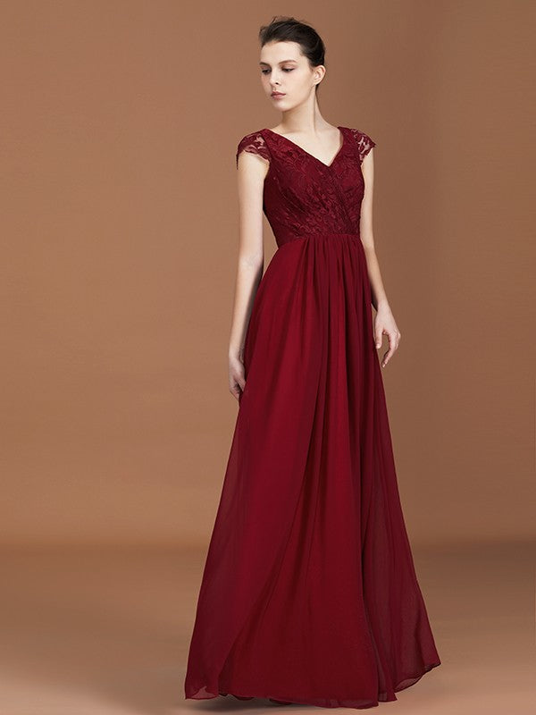 A-Line/Princess Lace Short Sleeves Chiffon Ruched V-neck Floor-Length Bridesmaid Dresses