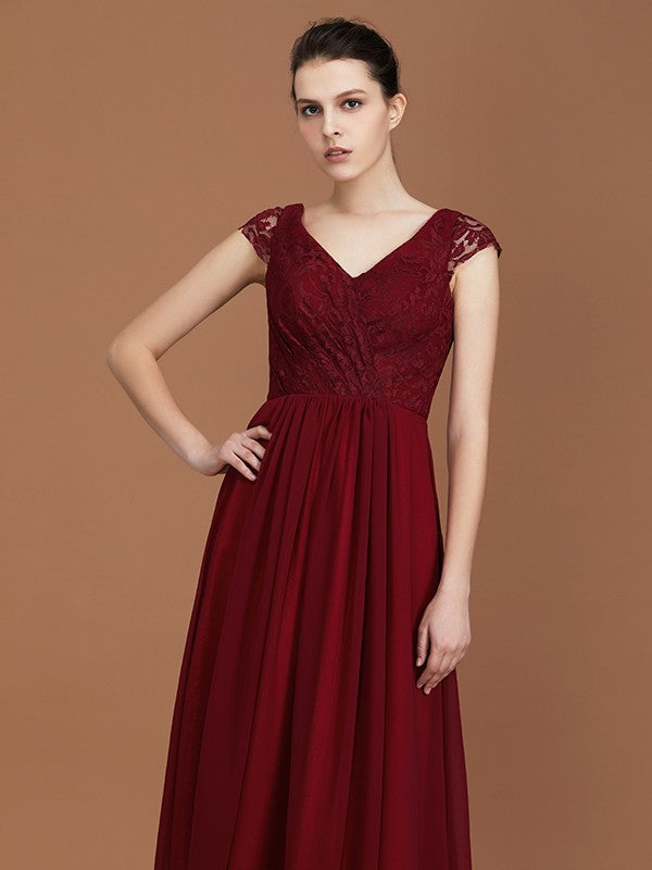 A-Line/Princess Lace Short Sleeves Chiffon Ruched V-neck Floor-Length Bridesmaid Dresses