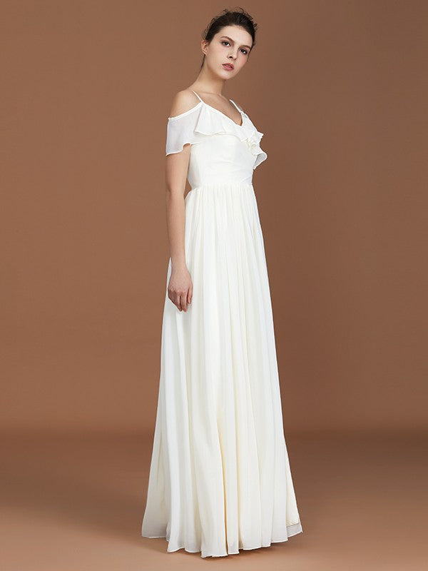 A-Line/Princess Short Sleeves Spaghetti Straps Ruched V-neck Floor-Length Chiffon Bridesmaid Dresses