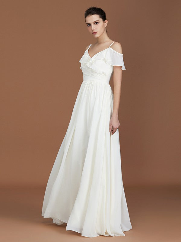 A-Line/Princess Short Sleeves Spaghetti Straps Ruched V-neck Floor-Length Chiffon Bridesmaid Dresses