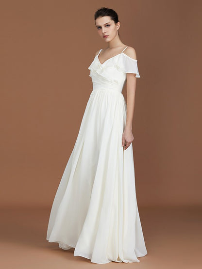 A-Line/Princess Short Sleeves Spaghetti Straps Ruched V-neck Floor-Length Chiffon Bridesmaid Dresses