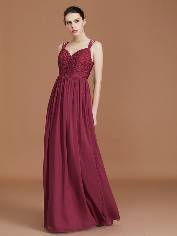 A-Line/Princess Lace Sweetheart Chiffon Ruched Floor-Length Bridesmaid Dresses