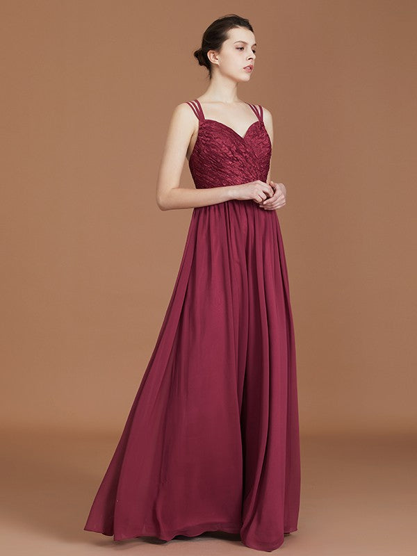 A-Line/Princess Lace Sweetheart Chiffon Ruched Floor-Length Bridesmaid Dresses