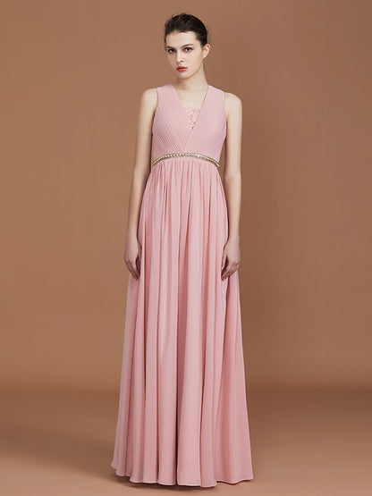 A-Line/Princess Lace Sleeveless Floor-Length Chiffon Ruched V-neck Bridesmaid Dresses