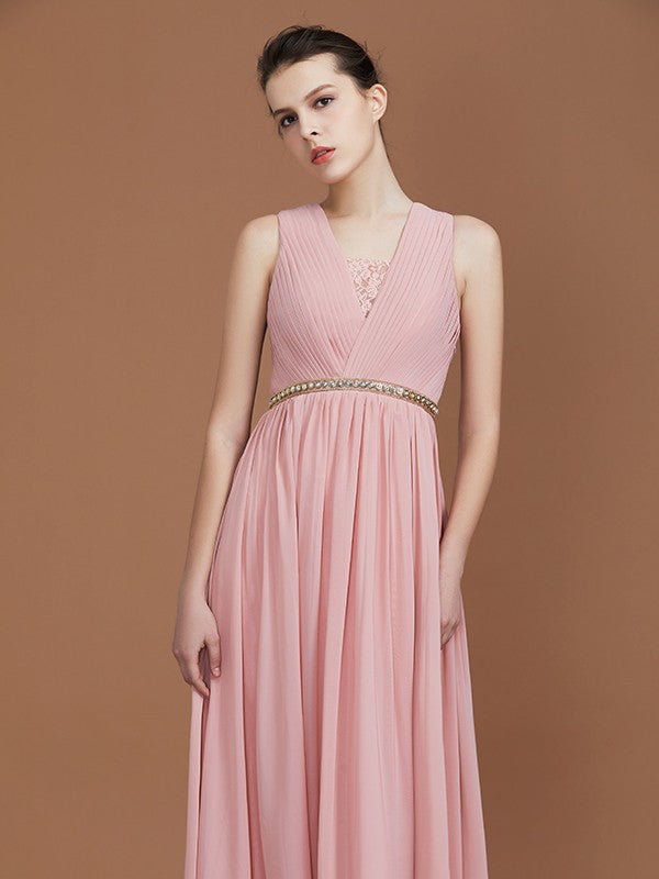 A-Line/Princess Lace Sleeveless Floor-Length Chiffon Ruched V-neck Bridesmaid Dresses