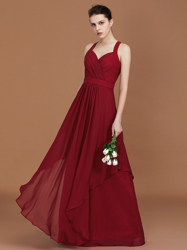 A-Line/Princess Straps Chiffon Ruched Floor-Length Sleeveless Bridesmaid Dresses