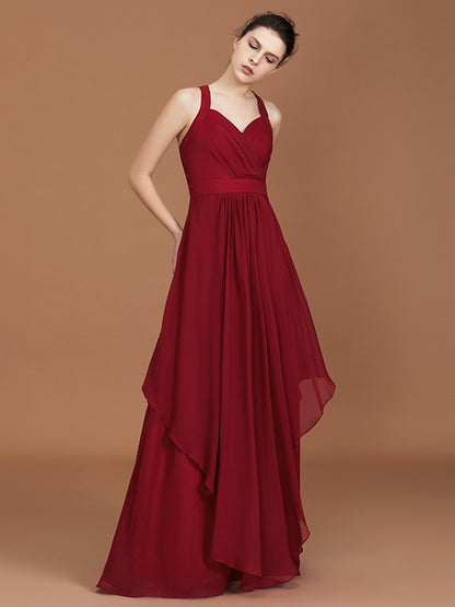 A-Line/Princess Straps Chiffon Ruched Floor-Length Sleeveless Bridesmaid Dresses