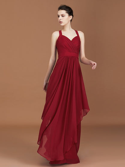 A-Line/Princess Straps Chiffon Ruched Floor-Length Sleeveless Bridesmaid Dresses