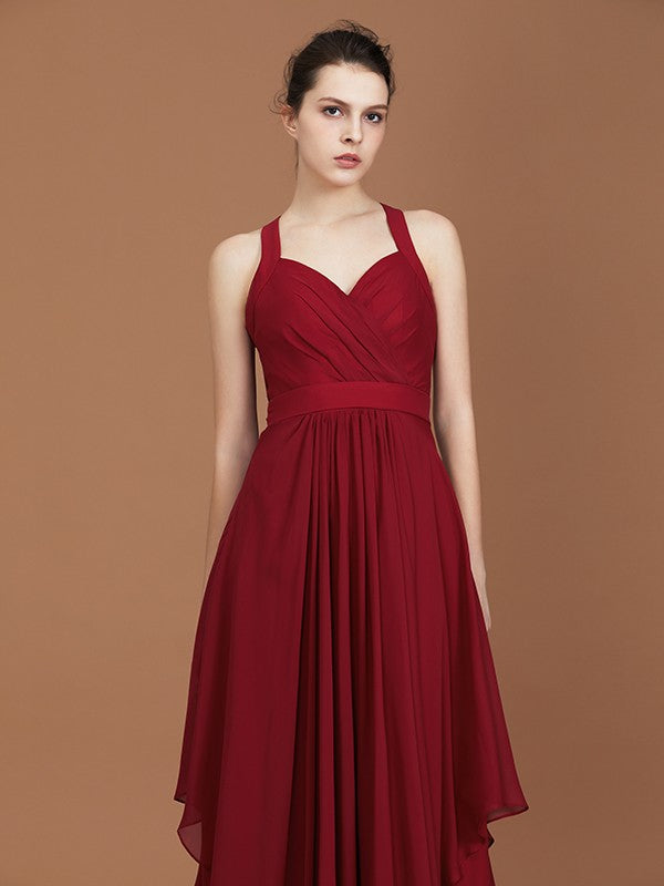 A-Line/Princess Straps Chiffon Ruched Floor-Length Sleeveless Bridesmaid Dresses