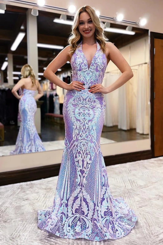 Charming Mermaid Halter Lavender Sequin Lace Long Prom Dresses with Train