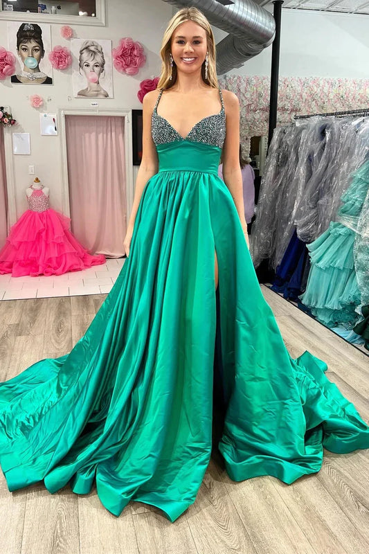 Emerald Beaded V-Neck A-Line Long Prom Dress with Slit