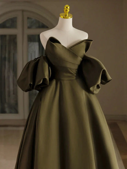 Olive Green A-Line Puff Sleeves Satin Long Prom Dress Evening Dress