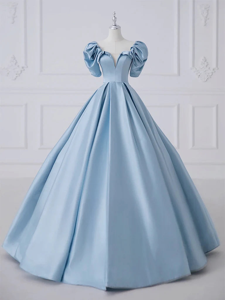 A-Line Princess Satin Blue Long Prom Dress Quinceanera Dress